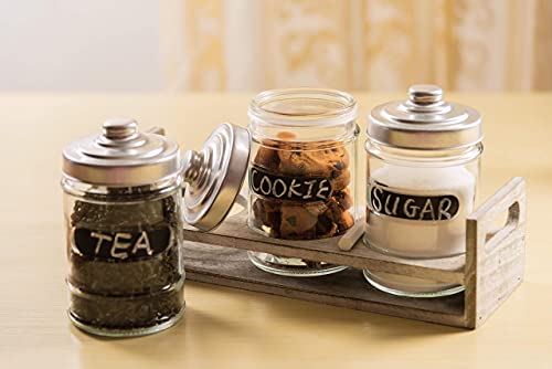 15.5 oz Set of 3 Condiment Pots Food/Seasoning/Spice Storage/Jar/Containers with Label and Aluminum Lid with Wooden Rack/Shelf/Tray/Holder for Kitchen or Coffee Bar, Suitable for Storing Salt, Sugar, Tea etc