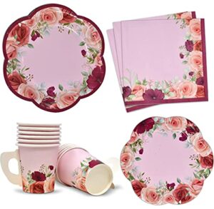 24 disposable tea cups and saucers sets floral design 7" flower scallop shaped plates 24 5" saucer paper plate 24 5 oz. tea cup with handle 48 lunch napkins for spring wedding birthday party supplies
