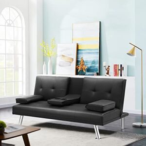 DKLGG Modern Futon Sofa Bed Faux Leather Convertible Recliner Couch with 2 Cup Holders, Armrest and Metal Legs Home Furniture (Dark Black)