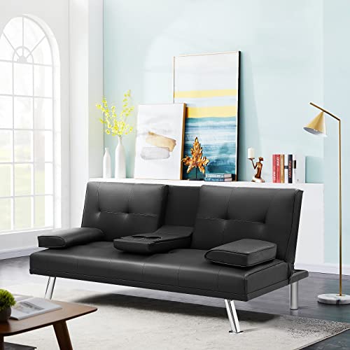 DKLGG Modern Futon Sofa Bed Faux Leather Convertible Recliner Couch with 2 Cup Holders, Armrest and Metal Legs Home Furniture (Dark Black)