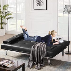 DKLGG Modern Futon Sofa Bed Faux Leather Convertible Recliner Couch with 2 Cup Holders, Armrest and Metal Legs Home Furniture (Dark Black)