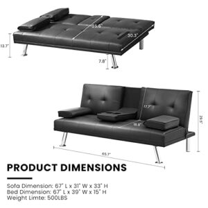 DKLGG Modern Futon Sofa Bed Faux Leather Convertible Recliner Couch with 2 Cup Holders, Armrest and Metal Legs Home Furniture (Dark Black)