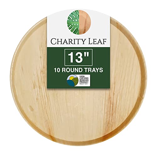 Charity Leaf Disposable Palm Leaf 13" Round Flat Trays (10 pieces) Bamboo Like Serving Platters, Disposable Boards, Eco-Friendly Dinnerware For Weddings, Catering, Events