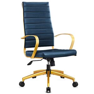 luxmod high back gold office chair in blue leather, ergonomic office chair in vegan leather, highback desk chair with back support, executive chair, manager blue and gold chair