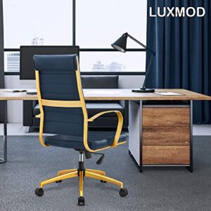 LUXMOD High Back Gold Office Chair in Blue Leather, Ergonomic Office Chair in Vegan Leather, Highback Desk Chair with Back Support, Executive Chair, Manager Blue and Gold Chair