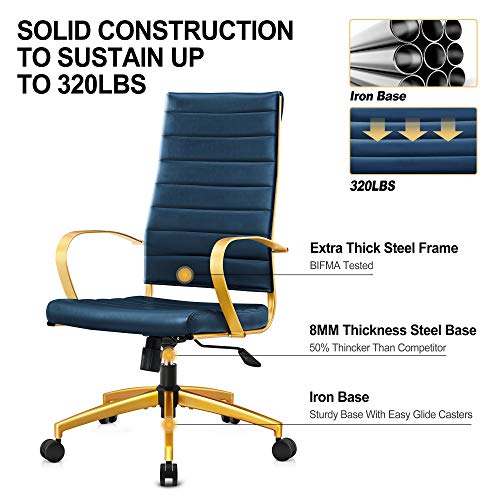 LUXMOD High Back Gold Office Chair in Blue Leather, Ergonomic Office Chair in Vegan Leather, Highback Desk Chair with Back Support, Executive Chair, Manager Blue and Gold Chair