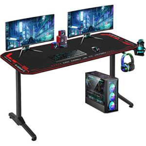 fdw computer desk gaming desk 55 inches home office desk with headphone hook cup holder and socket rack full-surface mouse pad gamer workstation for adult teens,black