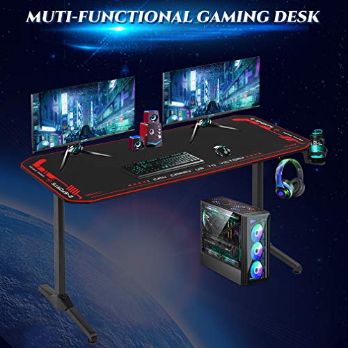 FDW Computer Desk Gaming Desk 55 inches Home Office Desk with Headphone Hook Cup Holder and Socket Rack Full-Surface Mouse Pad Gamer Workstation for Adult Teens,Black