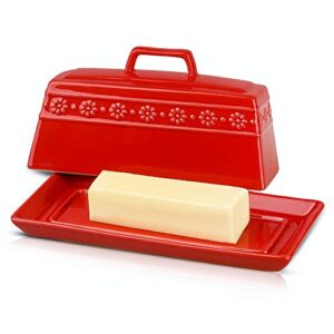 koov porcelain butter dish with lid for countertop, butter dishes with cover, large capacity, perfect for east/west butter (red)