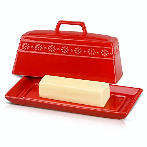 KOOV Porcelain Butter Dish with Lid for Countertop, Butter Dishes with Cover, Large Capacity, Perfect for East/West Butter (Red)