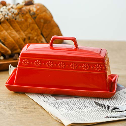 KOOV Porcelain Butter Dish with Lid for Countertop, Butter Dishes with Cover, Large Capacity, Perfect for East/West Butter (Red)