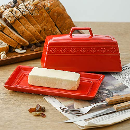 KOOV Porcelain Butter Dish with Lid for Countertop, Butter Dishes with Cover, Large Capacity, Perfect for East/West Butter (Red)