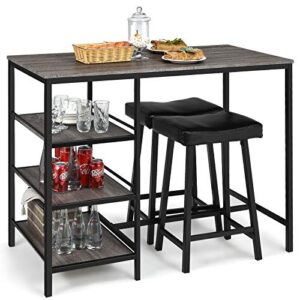 giantex 3 piece dining table set, counter height pub table & chairs set, 3 tier storage shelves, kitchen table set, industrial bar table with 2 pub stools upholstered, 47 x 23.5 x 36 inch