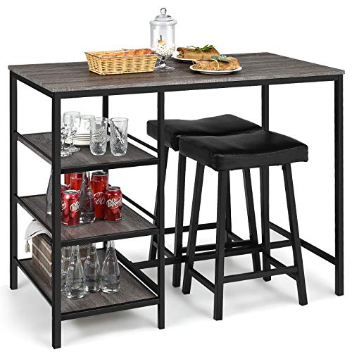 Giantex 3 Piece Dining Table Set, Counter Height Pub Table & Chairs Set, 3 Tier Storage Shelves, Kitchen Table Set, Industrial Bar Table with 2 Pub Stools Upholstered, 47 x 23.5 x 36 Inch