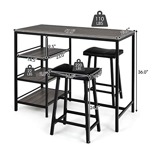 Giantex 3 Piece Dining Table Set, Counter Height Pub Table & Chairs Set, 3 Tier Storage Shelves, Kitchen Table Set, Industrial Bar Table with 2 Pub Stools Upholstered, 47 x 23.5 x 36 Inch