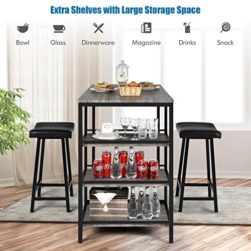 Giantex 3 Piece Dining Table Set, Counter Height Pub Table & Chairs Set, 3 Tier Storage Shelves, Kitchen Table Set, Industrial Bar Table with 2 Pub Stools Upholstered, 47 x 23.5 x 36 Inch