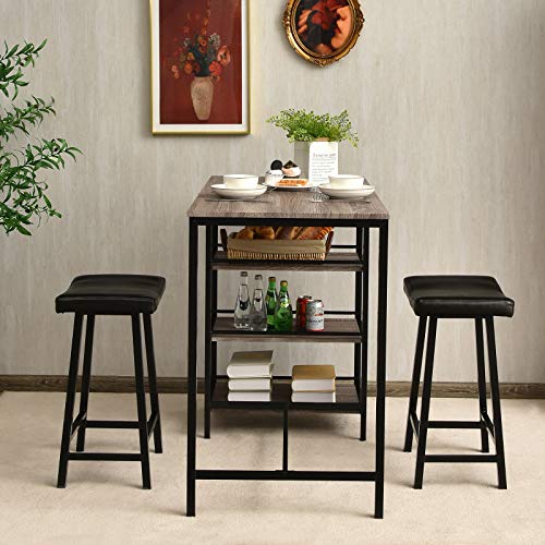 Giantex 3 Piece Dining Table Set, Counter Height Pub Table & Chairs Set, 3 Tier Storage Shelves, Kitchen Table Set, Industrial Bar Table with 2 Pub Stools Upholstered, 47 x 23.5 x 36 Inch