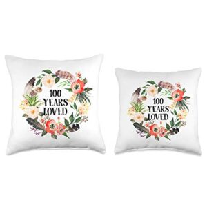 Teelaka Store 100 Years Loved, Gifts Grandma 100th Birthday Throw Pillow, 18x18, Multicolor