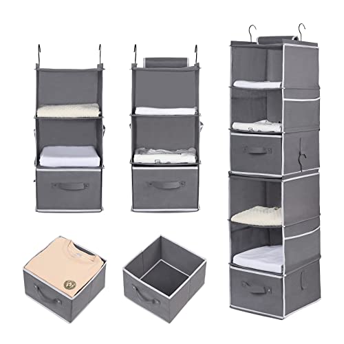 ropesmart 6-Shelf Hanging Closet Organizer Storage with 2 Drawers & Side Pocket, Two 3-Shelf Separable Hanging Storage Shelves for Closet & RV, Dorm Room and Baby Nursery Closet Organization