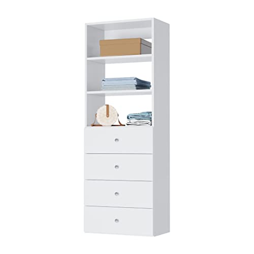 Closet Shelves Tower - Modular Closet System with Drawers (4) - Corner Closet System - Closet Organizers and Storage Shelves (White, 19.5 inches Wide) Closet Shelving