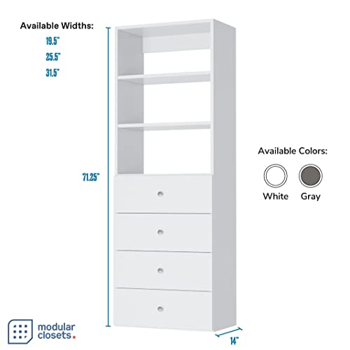 Closet Shelves Tower - Modular Closet System with Drawers (4) - Corner Closet System - Closet Organizers and Storage Shelves (White, 19.5 inches Wide) Closet Shelving