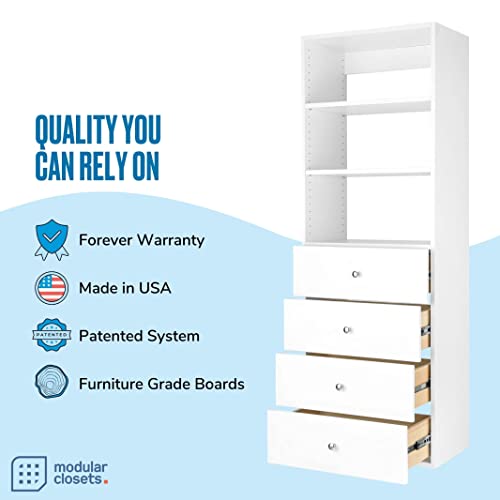 Closet Shelves Tower - Modular Closet System with Drawers (4) - Corner Closet System - Closet Organizers and Storage Shelves (White, 19.5 inches Wide) Closet Shelving