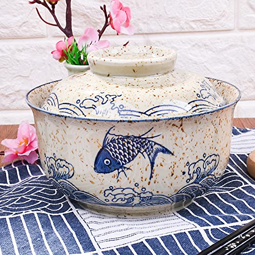 Whitenesser Ramen Bowl with Lid, Japanese Style 25.4 OZ Big Ceramic Bowl with Lid and for Soup Rice Noodle and Porridge, Microwave Oven Safety