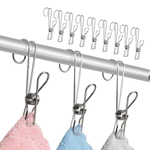 12 Pack 304 Stainless Steel Metal Long Tail Clip with Hooks Clothes Pins Hanging Universal Clips for Kitchen Bathroom Office