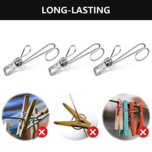 12 Pack 304 Stainless Steel Metal Long Tail Clip with Hooks Clothes Pins Hanging Universal Clips for Kitchen Bathroom Office