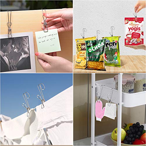 12 Pack 304 Stainless Steel Metal Long Tail Clip with Hooks Clothes Pins Hanging Universal Clips for Kitchen Bathroom Office