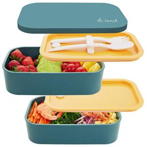 bento lunch box - all-in-one stackable japanese bento box - leakproof eco-friendly meal prep containers for men women, microwave and dishwasher safe,easy wash (blue)