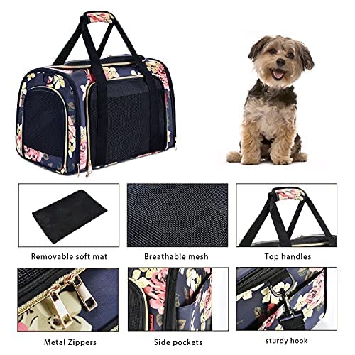 SUPPETS Pet Carrier Airline Approved Cat Carrier Breathable Mesh Pet Travel Carrier for Cats Dogs with Washable Portable Mat,Detachable Shoulder Strap,Blue Peony