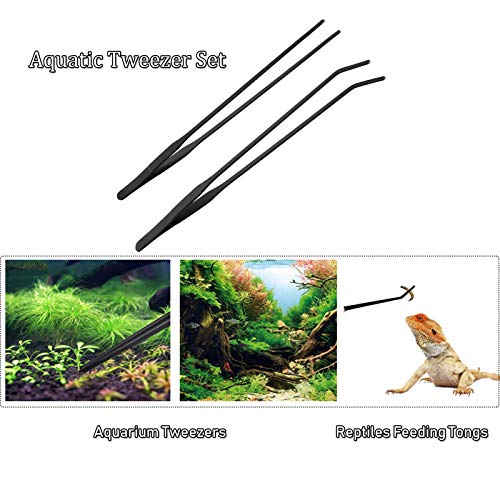 Black Aquarium Tweezers Set HRASY Stainless Steel Straight and Curved Tweezers Long Handle Reptile Feeding Tongs for Fish Tank Aquatic Plants, Pack of 2, 10.6 Inch