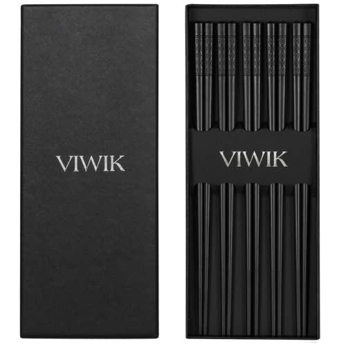 VIWIK 5 Pairs Fiberglass Premium Chopsticks Reusable Classic Japanese Korean Chopsticks Easy to Use Lightweight Chopsticks Dishwasher Safe Matte Anti-slip Gift Sets with Box, 9.6 inch