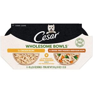 cesar wholesome bowls adult soft wet dog food toppers variety pack, chicken recipe and chicken, sweet potato & green beans recipe, (6) 3 oz. bowls