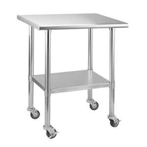 hoccot stainless steel prep & work table with adjustable shelf, with wheels, kitchen island, commercial workstations, utility table in kitchen garage laundry room outdoor bbq, 24" x 30"