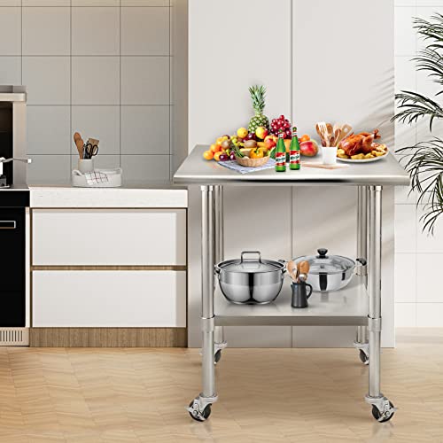 HOCCOT Stainless Steel Prep & Work Table with Adjustable Shelf, with Wheels, Kitchen Island, Commercial Workstations, Utility Table in Kitchen Garage Laundry Room Outdoor BBQ, 24" X 30"