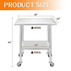 HOCCOT Stainless Steel Prep & Work Table with Adjustable Shelf, with Wheels, Kitchen Island, Commercial Workstations, Utility Table in Kitchen Garage Laundry Room Outdoor BBQ, 24" X 30"