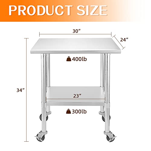 HOCCOT Stainless Steel Prep & Work Table with Adjustable Shelf, with Wheels, Kitchen Island, Commercial Workstations, Utility Table in Kitchen Garage Laundry Room Outdoor BBQ, 24" X 30"