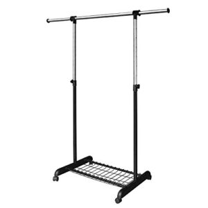 liamee free standing clothing rack on wheels, adjustable garment rack & organizer, extendable rolling clothes rack with shelf & grid, easy assembly standard rod for hanging clothes, black & chrome
