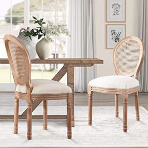 recaceik french country dining chair set of 2, farmhouse dining room chairs with rattan round back & rubber wood legs finish, upholstered kitchen chairs for dining room/living room/restaurant, beige