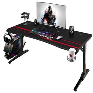 devoko 44 inch gaming desk t-shaped pc computer table with free mouse pad carbon fibre surface home office desk gamer table with game handle rack headphone hook and cup holder (black)
