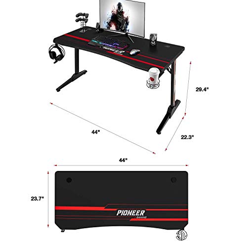 Devoko 44 Inch Gaming Desk T-Shaped PC Computer Table with Free Mouse Pad Carbon Fibre Surface Home Office Desk Gamer Table with Game Handle Rack Headphone Hook and Cup Holder (Black)