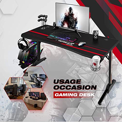 Devoko 44 Inch Gaming Desk T-Shaped PC Computer Table with Free Mouse Pad Carbon Fibre Surface Home Office Desk Gamer Table with Game Handle Rack Headphone Hook and Cup Holder (Black)