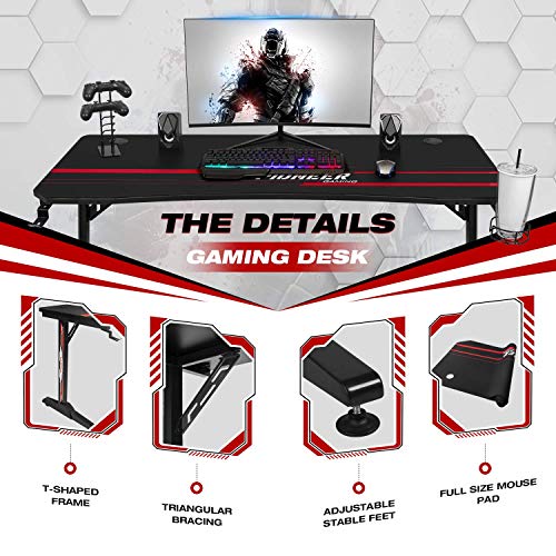 Devoko 44 Inch Gaming Desk T-Shaped PC Computer Table with Free Mouse Pad Carbon Fibre Surface Home Office Desk Gamer Table with Game Handle Rack Headphone Hook and Cup Holder (Black)