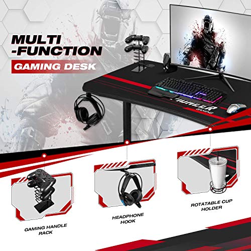 Devoko 44 Inch Gaming Desk T-Shaped PC Computer Table with Free Mouse Pad Carbon Fibre Surface Home Office Desk Gamer Table with Game Handle Rack Headphone Hook and Cup Holder (Black)