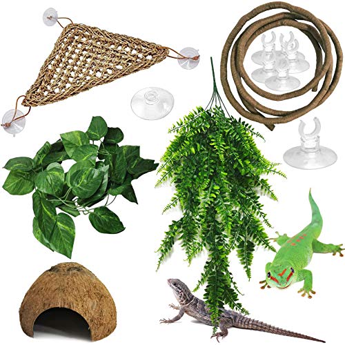 kathson Bearded Dragon Hammock Reptile Plant Hanging Terrarium Boston Plant Jungle Climber Vines Flexible Leaves Lizards Habitat Decor Accessories Coconut Hide for Chameleon Gecko Snakes 5PCS