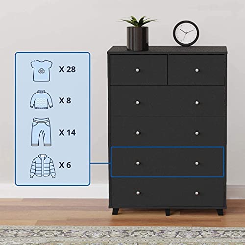 Cozy Castle 6-Drawer Dresser, Wood Black Dresser, Chest of Drawers for Bedroom, Vertical Dresser, 2 Small Drawers and 4 Large Drawers Sufficient for Bedroom Storage, Black