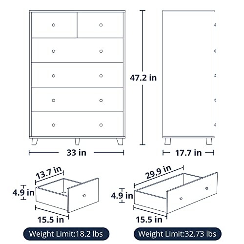 Cozy Castle 6-Drawer Dresser, Wood Black Dresser, Chest of Drawers for Bedroom, Vertical Dresser, 2 Small Drawers and 4 Large Drawers Sufficient for Bedroom Storage, Black