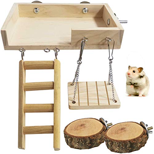 kathson Dwarf Hamster Wood Platform with Ladder Swing Climbing Toys Rat Playground Set Hamster Crawling Cage Accessories for Gerbil Dwarf Rat 5PCS